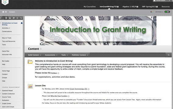Screenshot of Intro to Grantwriting Course on Coursesites